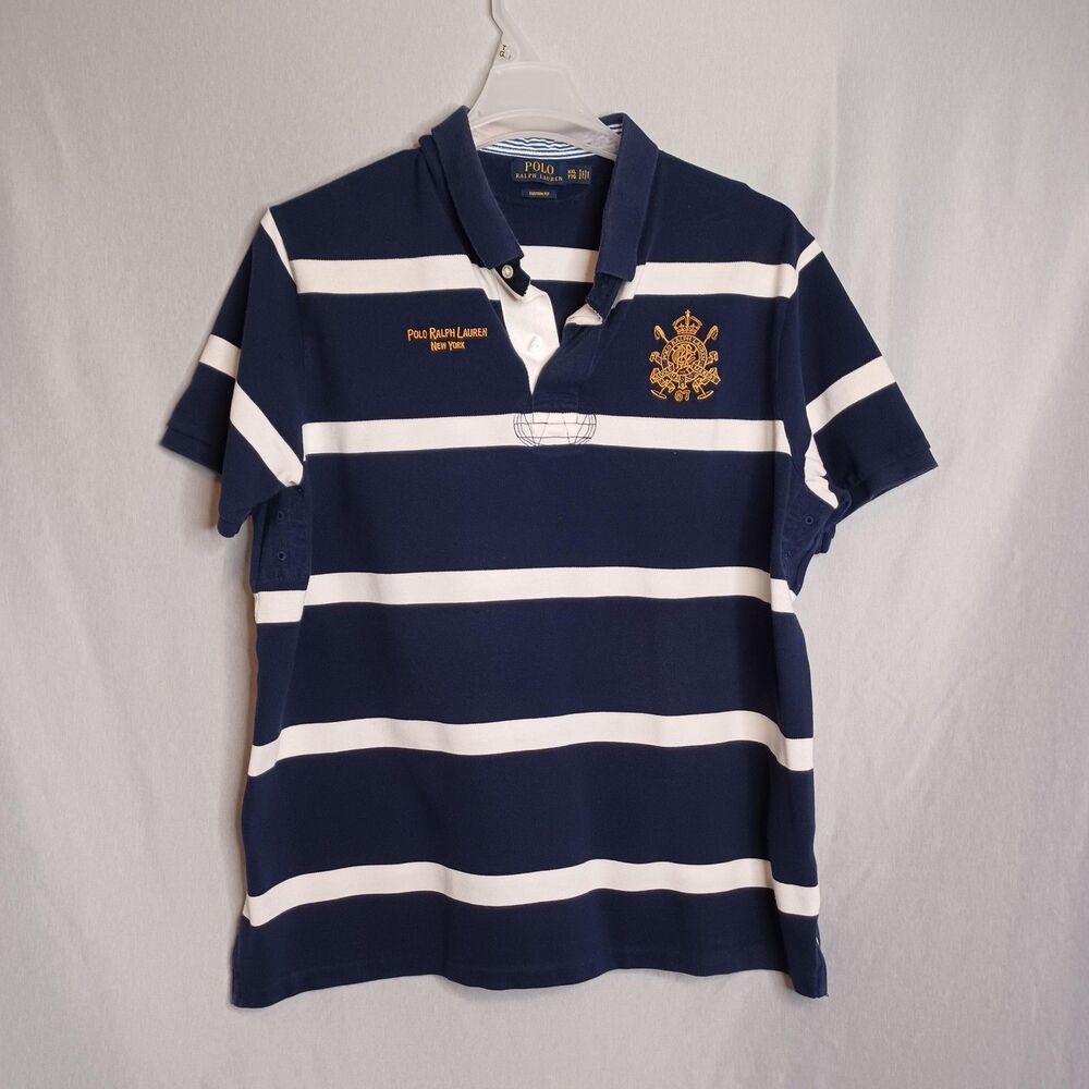 Polo Ralph Lauren Polo Shirt Mens 2XL Blue White Stripe Custom Fit Rugby Crest
